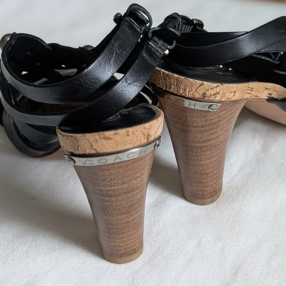 Coach Black Leather Adrienn Strappy Block Heel Cork Sandals 6.5